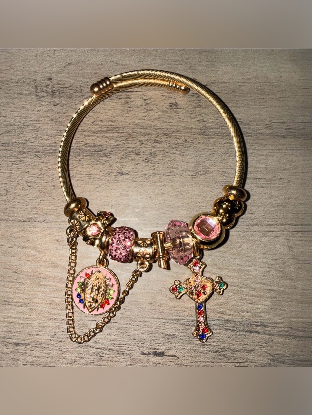 Gold Plates Stainless Steel Pink Crystal Charm Bracelet with Cross and Medallion